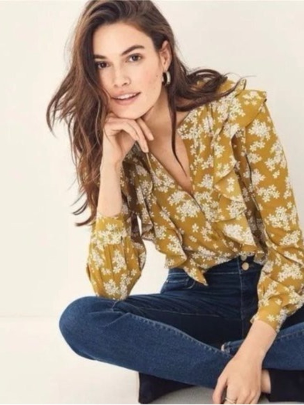 Ann Taylor Mustard Floral Ruffle V-Neck Blouse